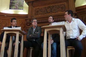Xavier Beulin, Dominique Barrau (FNSEA), Gaël Gautier et François Thabuis (JA), lors de la conférence de presse commune des deux syndicats pour les élections aux chambres d'agriculture, le 27 novembre 2012 (© Actuagri)